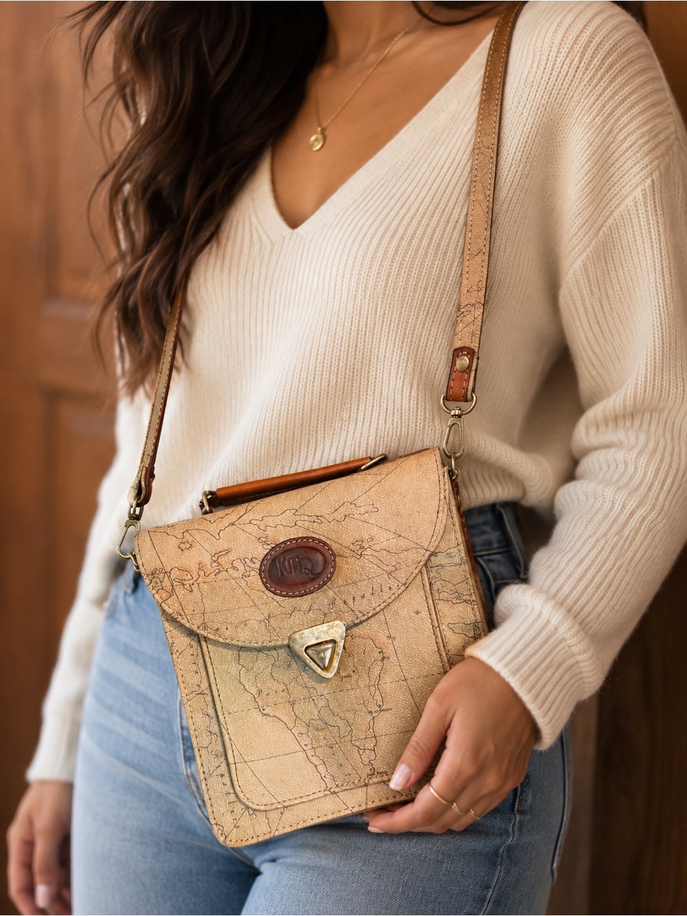 Map-Print Tan Crossbody Bag with Adjustable Strap Genuine Leather